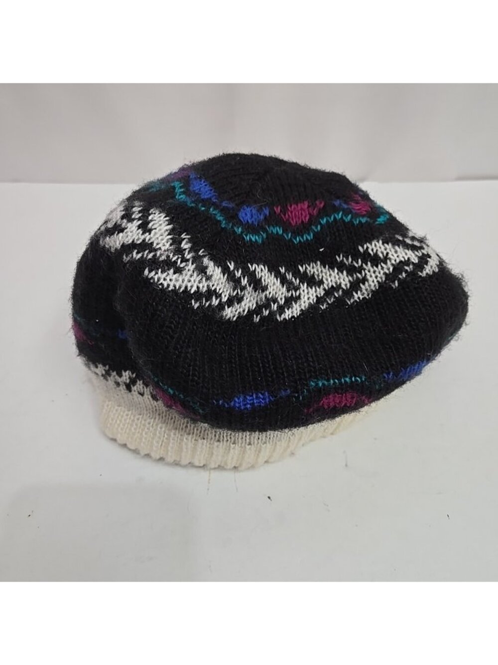 Vintage Hansen Knit Beret Winter Hat Black Floral USA Made 80s